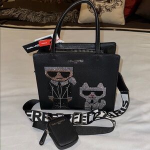 Karl Lagerfeld Paris Black Purse with Crystal Design Shoulder Strap, Coin Purse